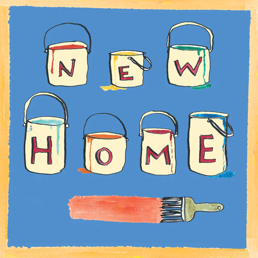 Contemporary new home greeting card with pots of paint and a paintbrush illustrations