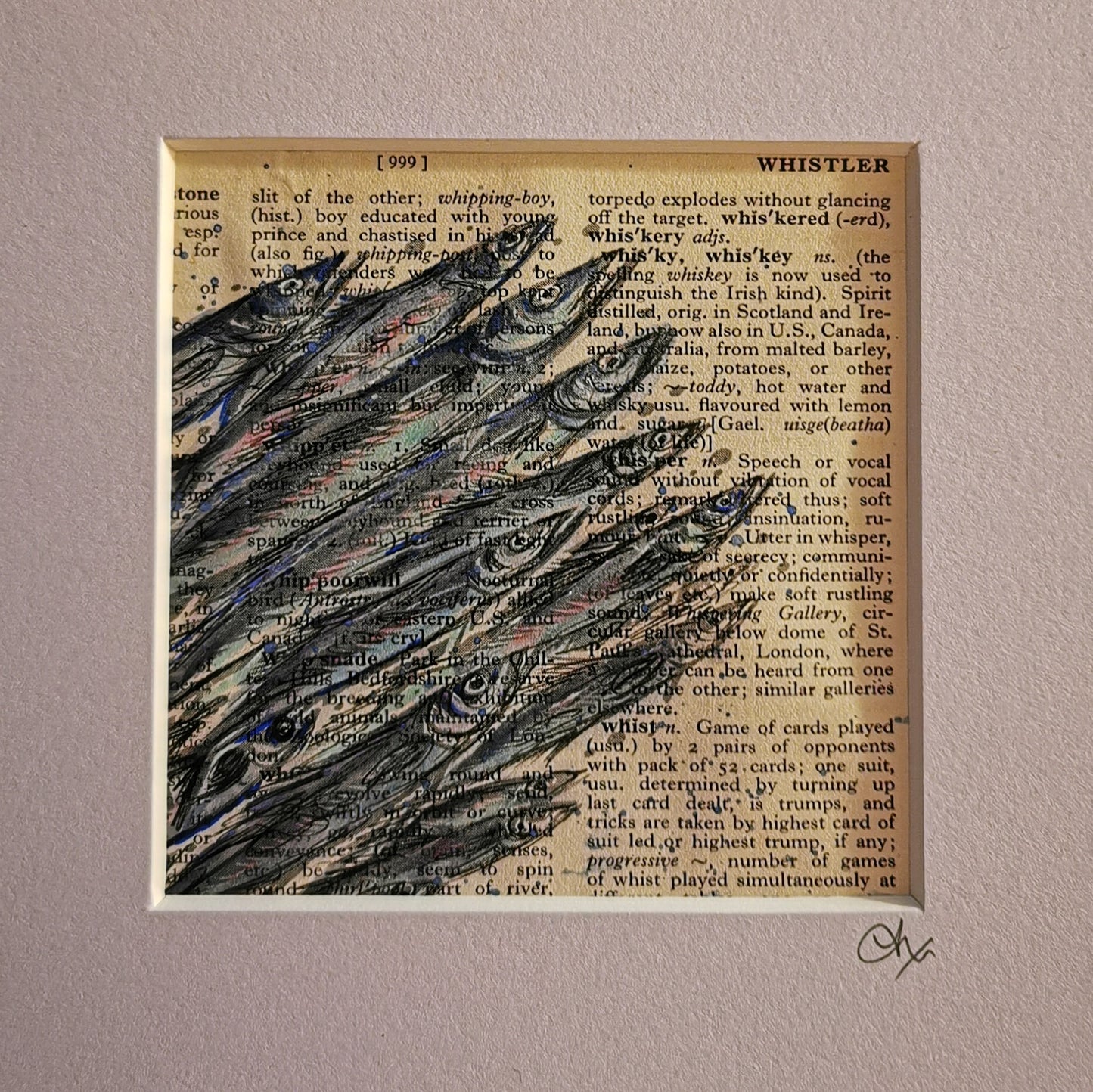 Signed original book page with watercolour and ink illustration - Shoal of Sardines
