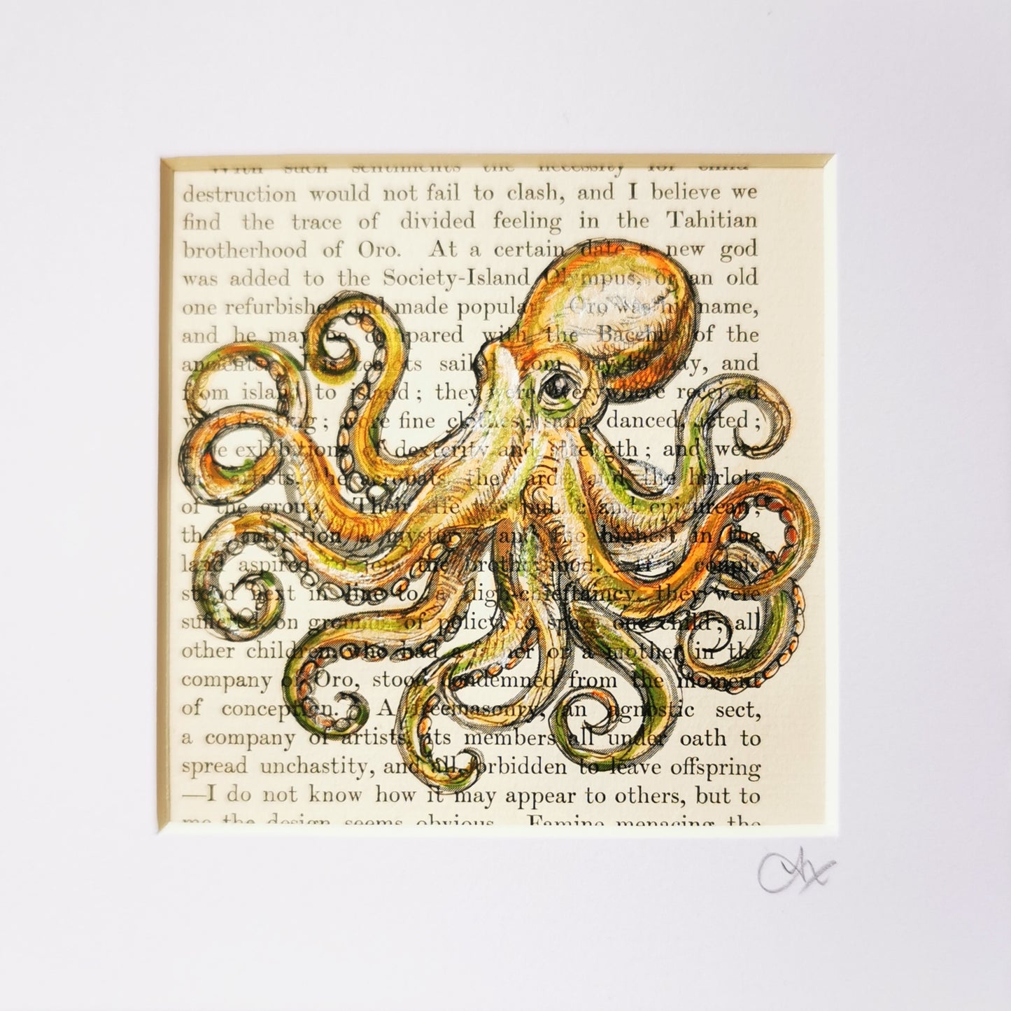 Signed original dictionary page with watercolour and ink illustration of a Kraken Octopus