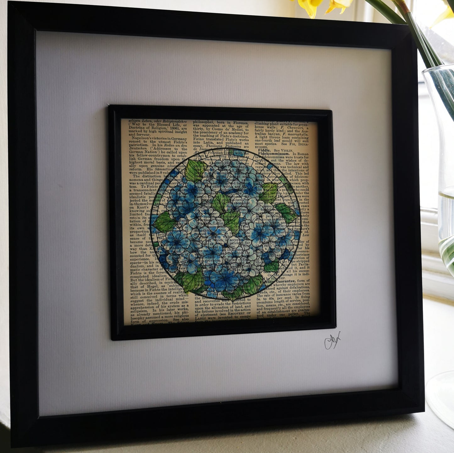 Signed original book page with watercolour and ink illustration - Blue Hydrangea Flowers