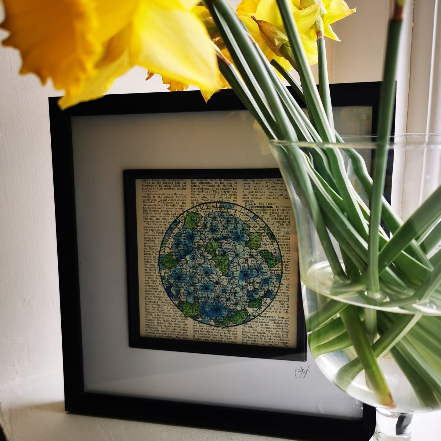 Signed original book page with watercolour and ink illustration - Blue Hydrangea Flowers
