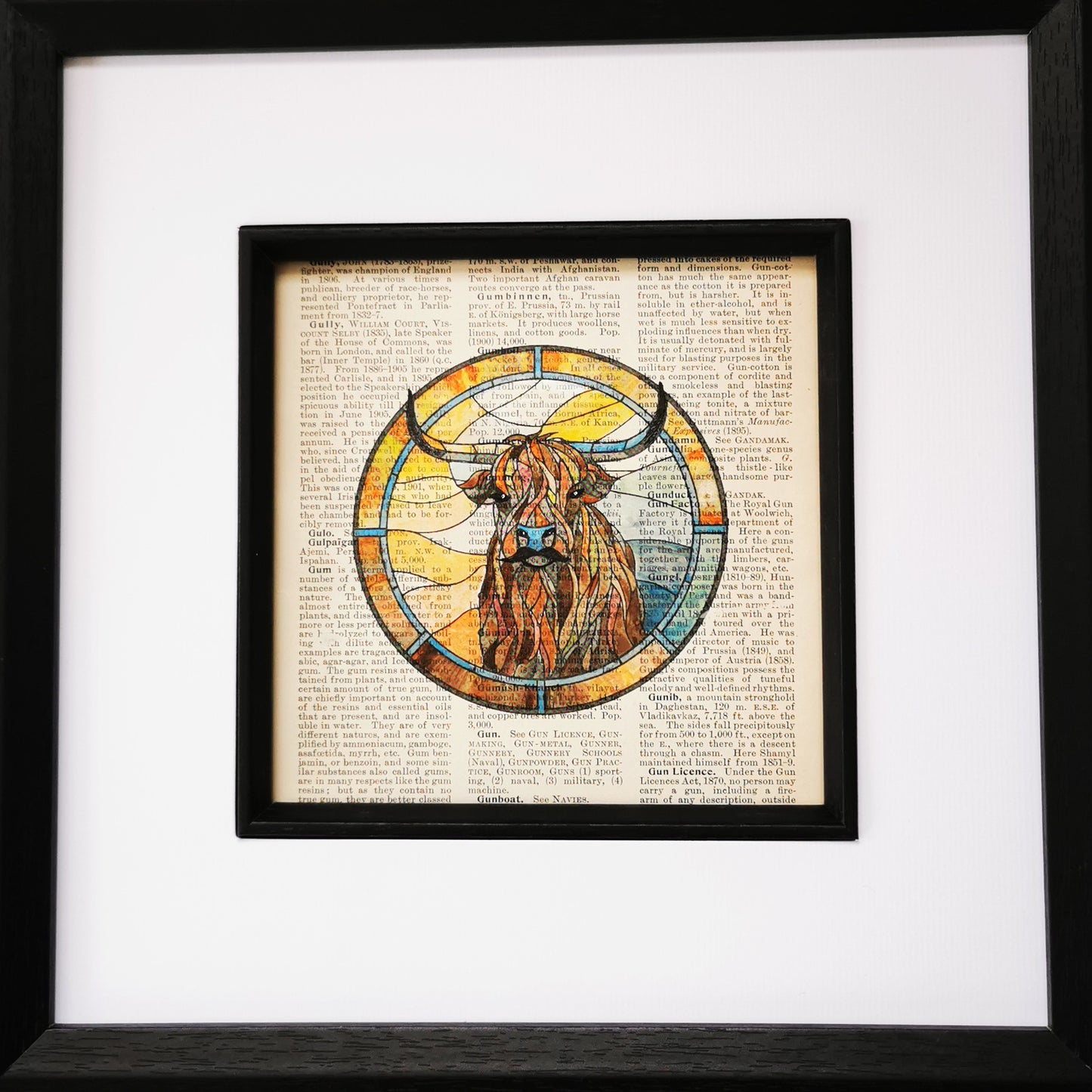 Signed original vintage encyclopaedia page with Highland Cow watercolour and ink illustration