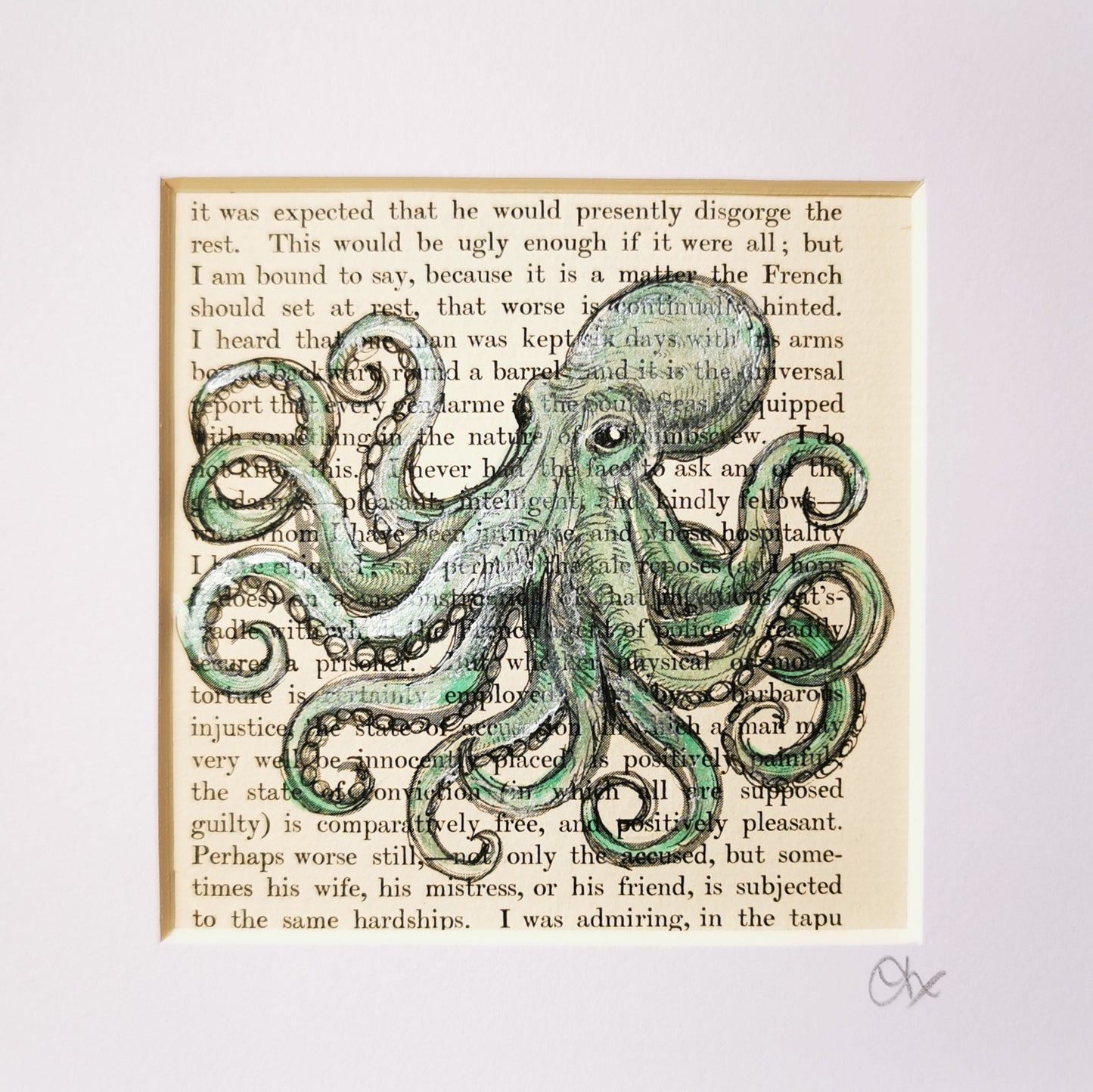 Signed original dictionary page with watercolour and ink illustration of a Kraken Octopus