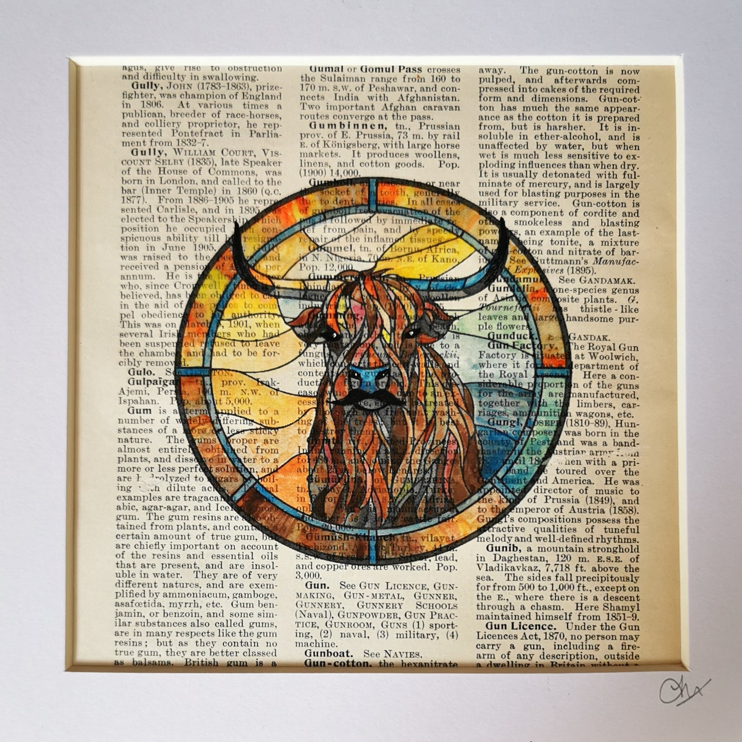 Signed original vintage encyclopaedia page with Highland Cow watercolour and ink illustration