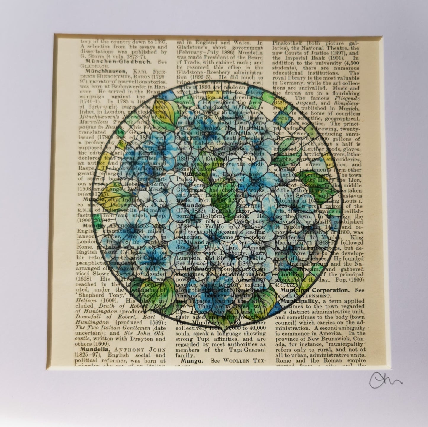 Signed original book page with watercolour and ink illustration - Blue Hydrangea Flowers