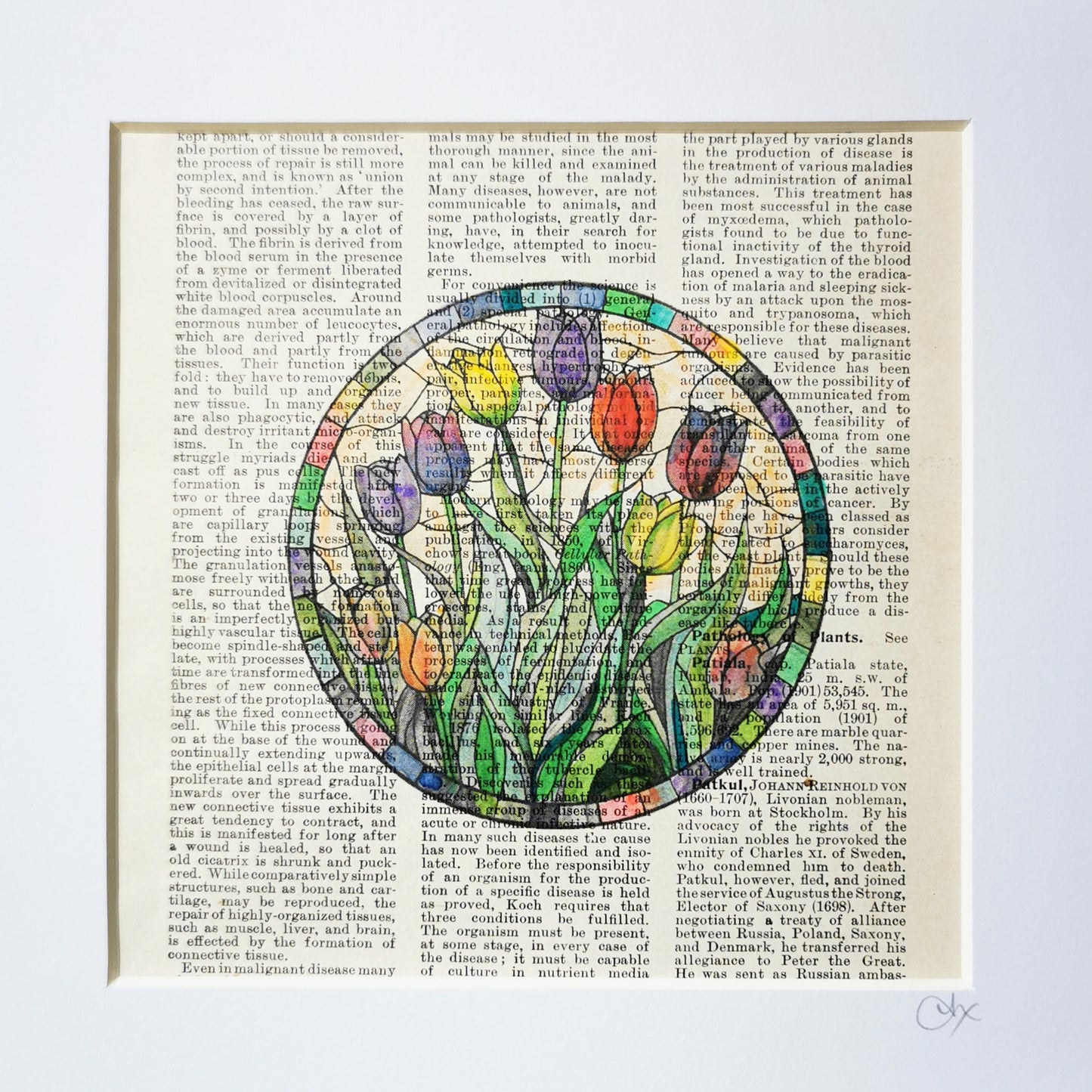 Signed original book page with watercolour and ink illustration of a bunch of tulips