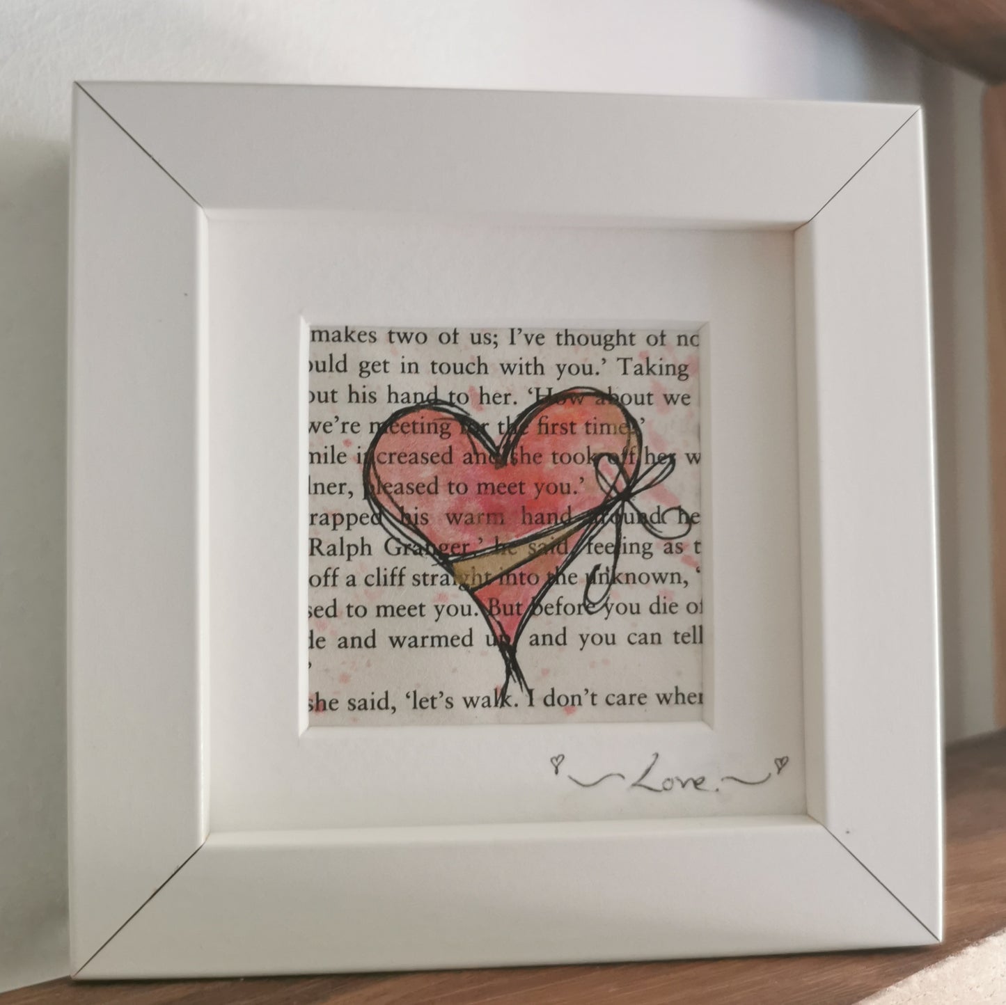 Paint & Ink - Small Framed original watercolour artwork on vintage book page - Wrapped up Heart