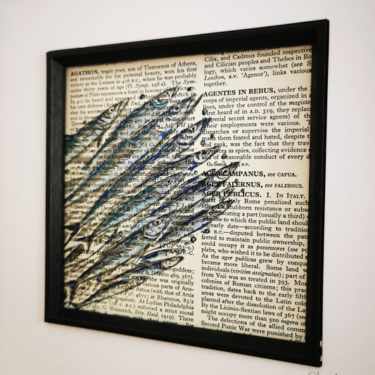 Signed original book page with watercolour and ink illustration - Shoal of Sardines