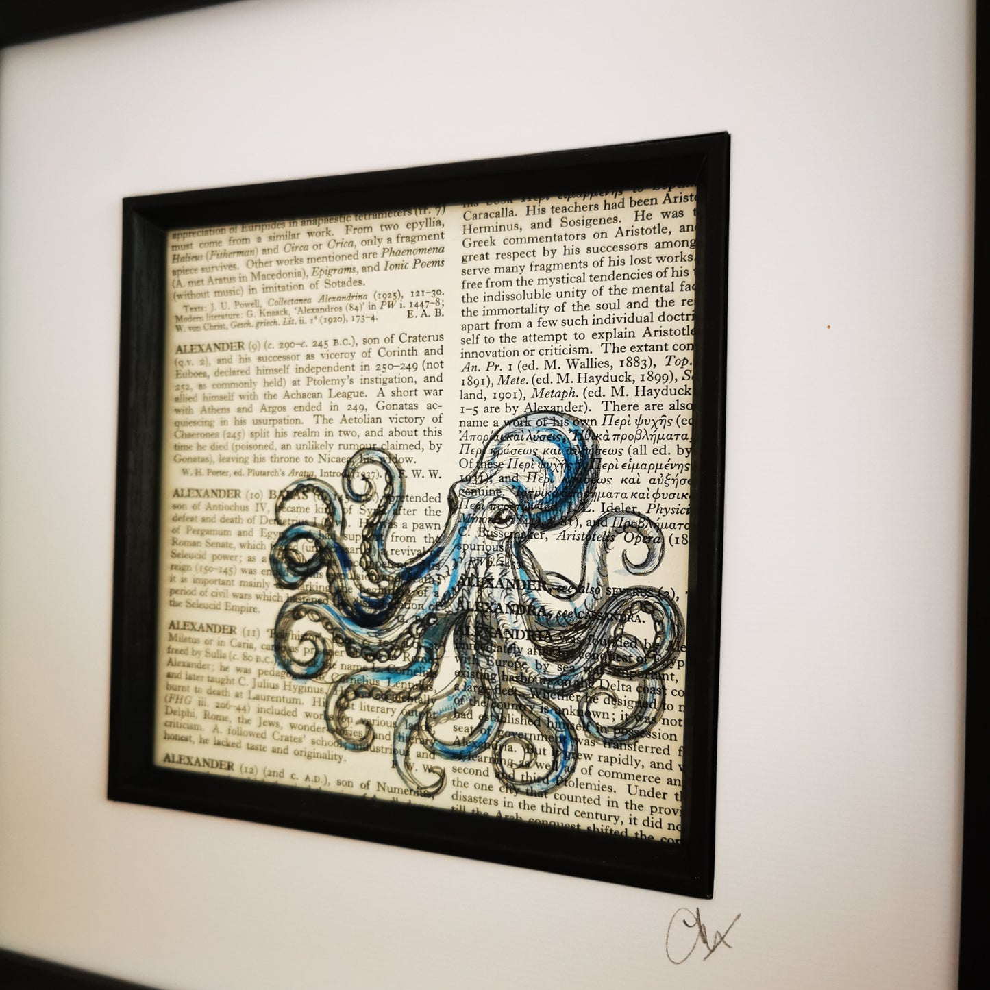 Large Framed original dictionary page with watercolour and ink illustration - Octopus