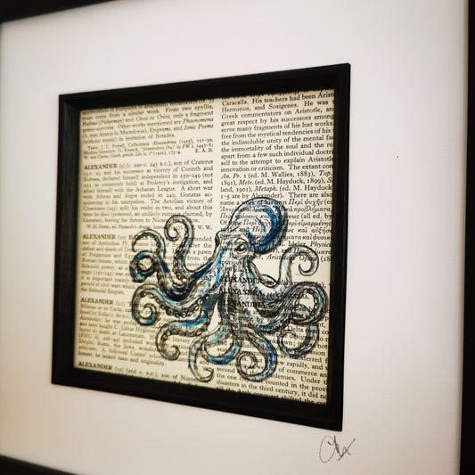 Large Framed original dictionary page with watercolour and ink illustration - Octopus