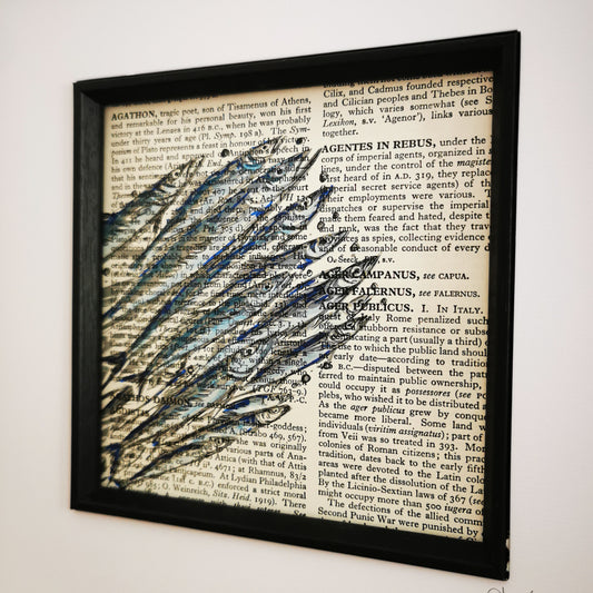 Large Framed original dictionary page with watercolour and ink illustration - Shoal of Sardines