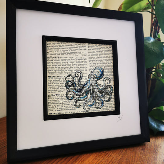 Large Framed original dictionary page with watercolour and ink illustration - Octopus