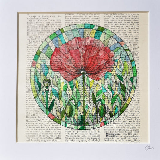 Signed original book page with watercolour and ink illustration of a poppy