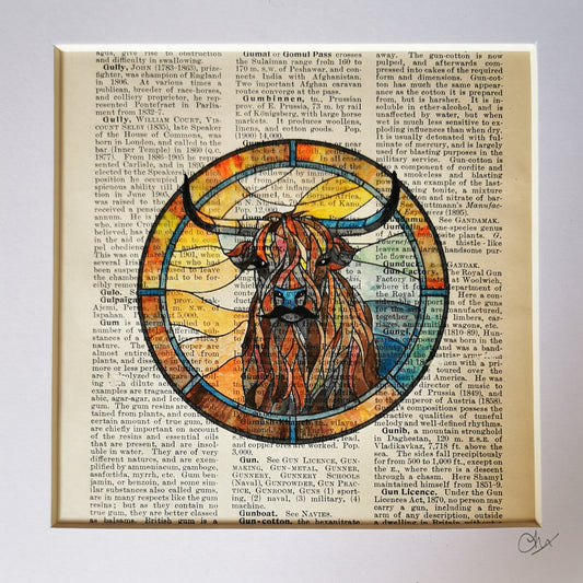 Signed original vintage encyclopaedia page with Highland Cow watercolour and ink illustration