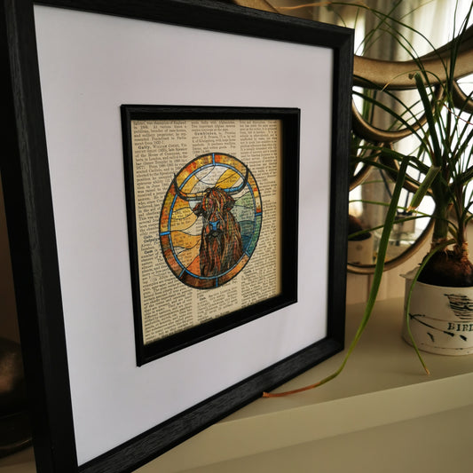 Signed original vintage encyclopaedia page with Highland Cow watercolour and ink illustration