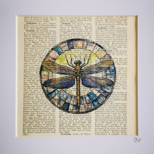 Signed original vintage encyclopaedia page with Dragonfly watercolour and ink illustration