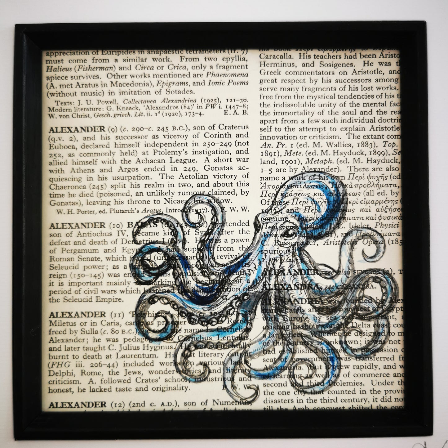 Large Framed original dictionary page with watercolour and ink illustration - Octopus