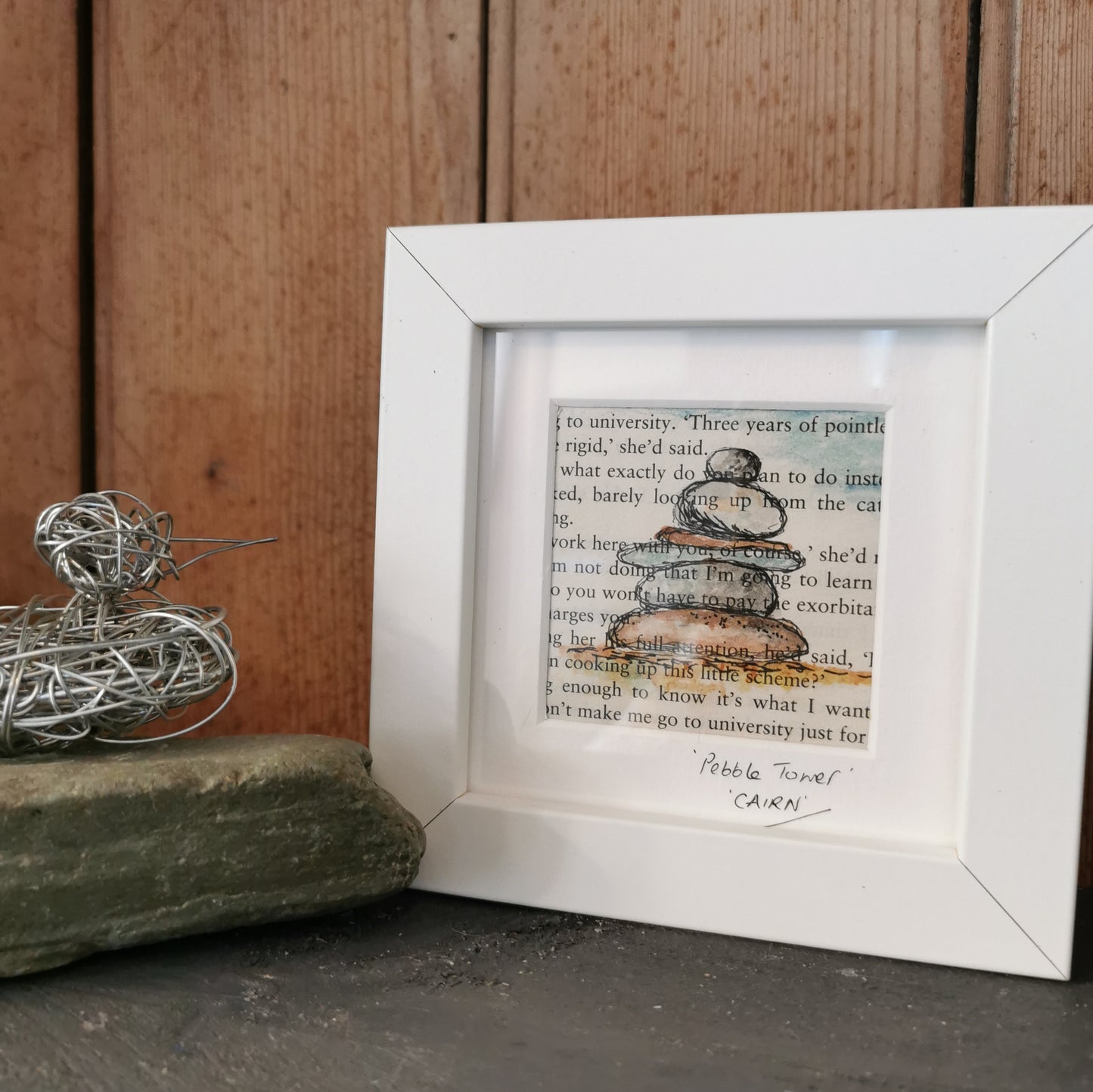 Paint & Ink - Small Framed original artwork - Cairn Pebble Tower