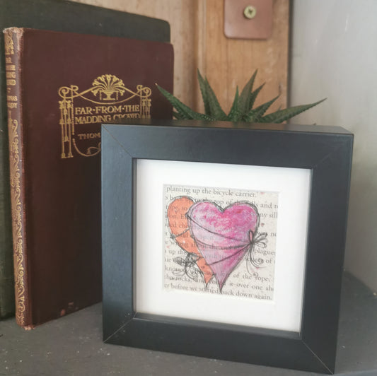 Paint & Ink - Small Framed original watercolour artwork on vintage book page - Wrapped up Heart